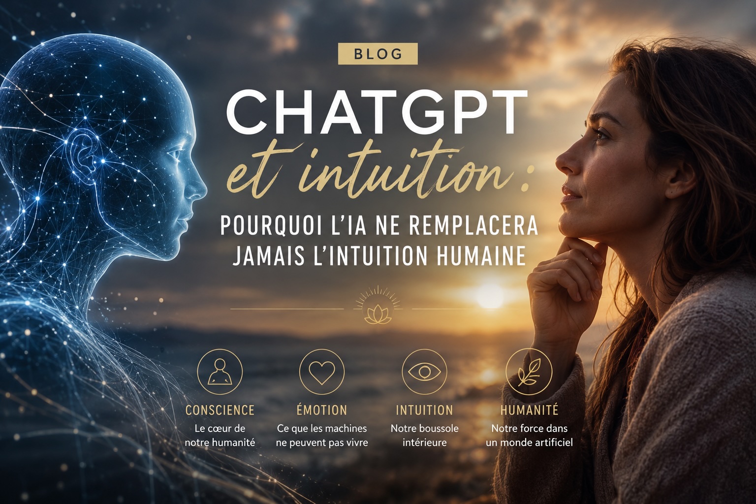 Une femme face à une intelligence artificielle, symbole de la différence entre intuition humaine, conscience et IA.