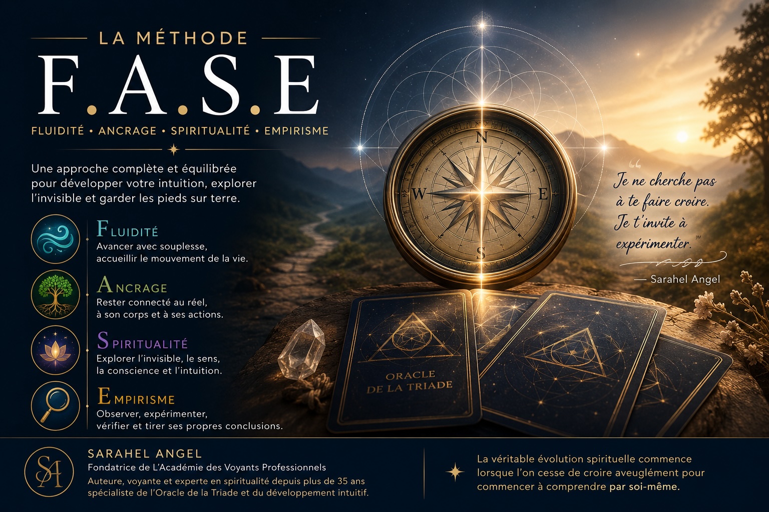 Illustration de la méthode F.A.S.E (Fluidité, Ancrage, Spiritualité, Empirisme), créée par Sarahel Angel pour développer l’intuition avec discernement.